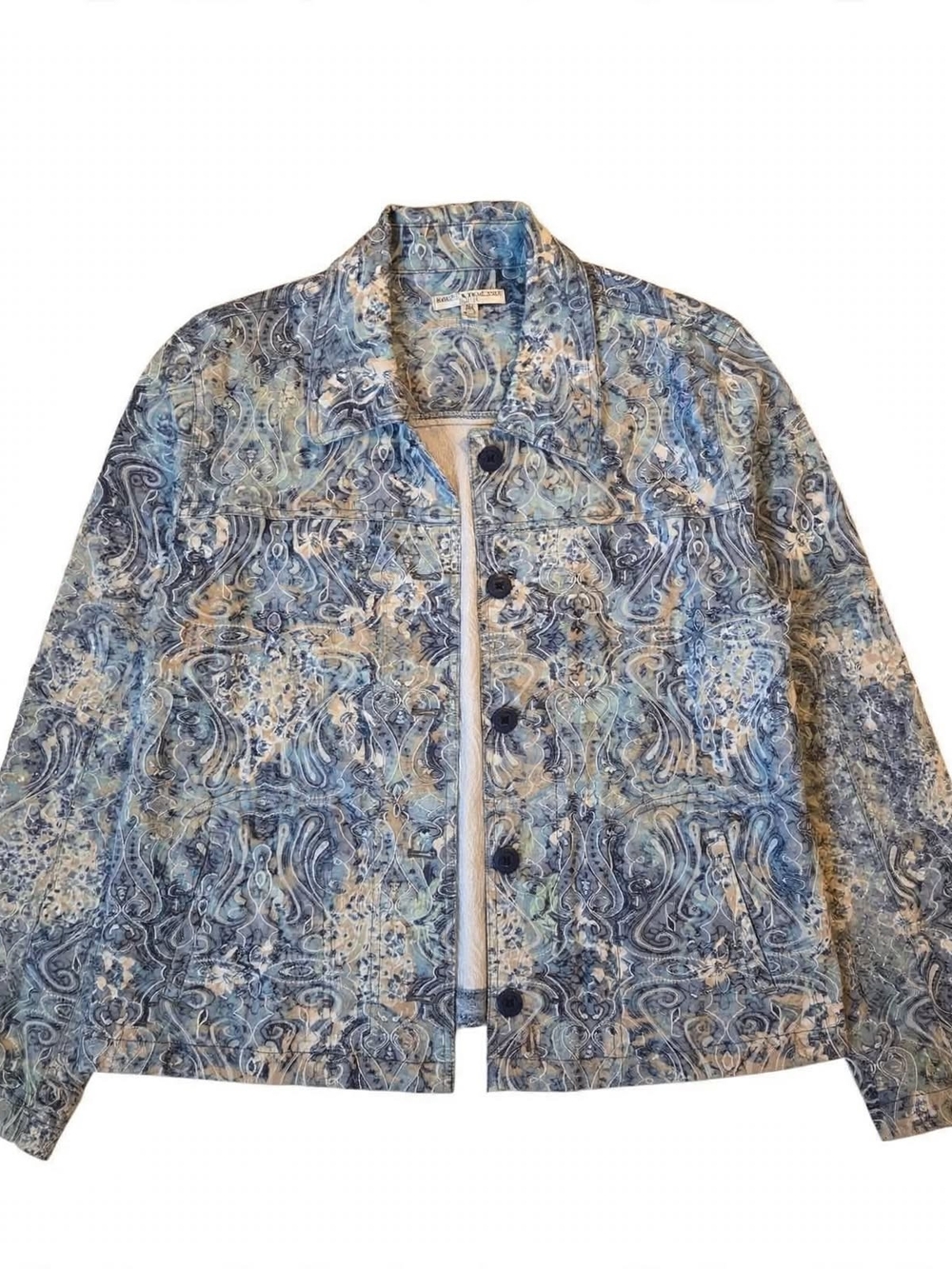 Rebecca Malone Petite PXL Blue Tapestry Paisley Trucker Jacket Vintage Boho 90s